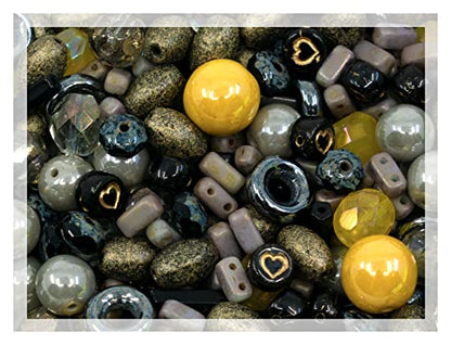 2.1oz (60 g) Mix of Unique Czech Bohemia Glass Pressed Beads, Matte and Glossy, Hand Made, Luster Gray Yellow (2.1164 Ounce)