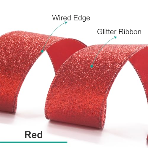 Glitter Wired Ribbon 2.5" x 20 Yards Red for Christmas Home Decor Bow Gift Wrapping DIY Crafts Wreath (60 Foot)