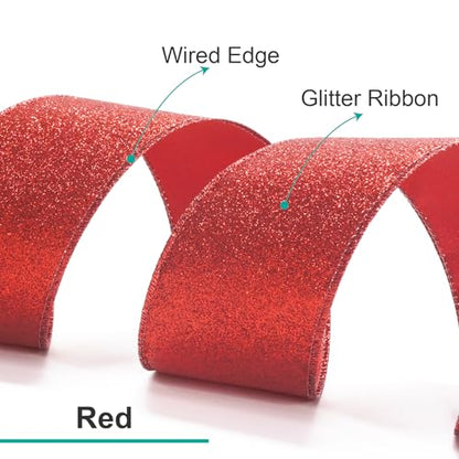 Glitter Wired Ribbon 2.5" x 20 Yards Red for Christmas Home Decor Bow Gift Wrapping DIY Crafts Wreath (60 Foot)