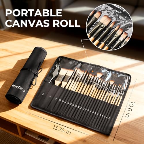 26pcs Professional Paint Brush Set with Palette Knife & Canvas Roll (26 Count)