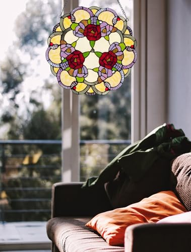 PA0001 Rose Flowers Stained Glass Window Panel W 16" x H 16" Window Suncatcher Tiffany Style Ornament