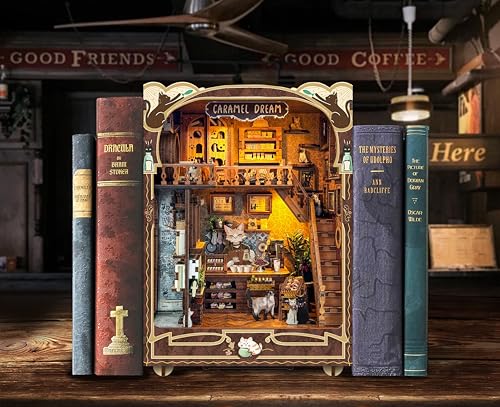 Cat Book Nook Miniature House Kit with Dust Cover Bookshelf Decor