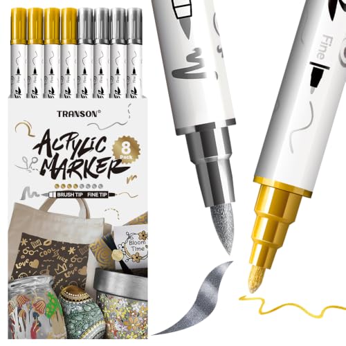 4 Gold and 4 Silver Paint Markers Brush and Fine Dual (8 Count)