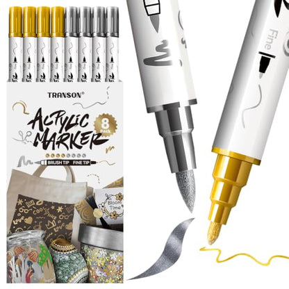 4 Gold and 4 Silver Paint Markers Brush and Fine Dual (8 Count)