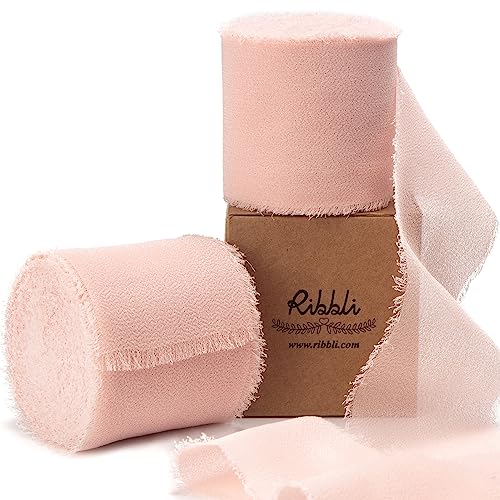 Blush Pink Chiffon Ribbon 2 Inch x 20 Yard Handmade Fringe Chiffon Silk Ribbon for Gifts (60 Foot)