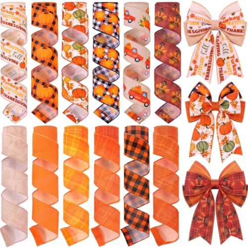 12 Rolls 60 Yards Fall Wired Ribbon for Wreaths Bows Crafts (12 Count)