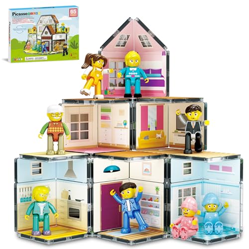 Magnet Tile Building Block Family Homestead Doll House Theme Playset 8 Character Action Figures Double Sided Magnetic Tiles Printing STEM Education Learning Kit Toy Set Kids Ages 3+ PTQ06 (5 Count)