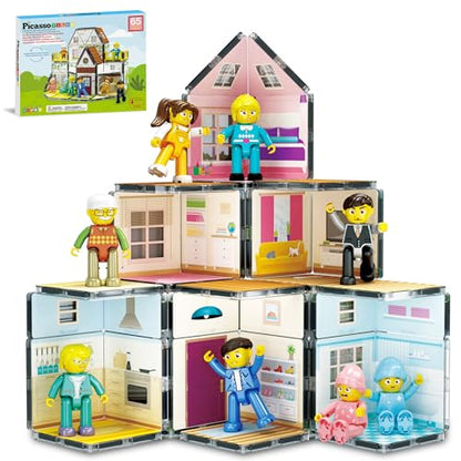 Magnet Tile Building Block Family Homestead Doll House Theme Playset 8 Character Action Figures Double Sided Magnetic Tiles Printing STEM Education Learning Kit Toy Set Kids Ages 3+ PTQ06 (5 Count)
