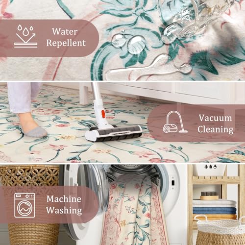 Pink Floral 8x10 Washable Rug for Living Room (11520 sq in)