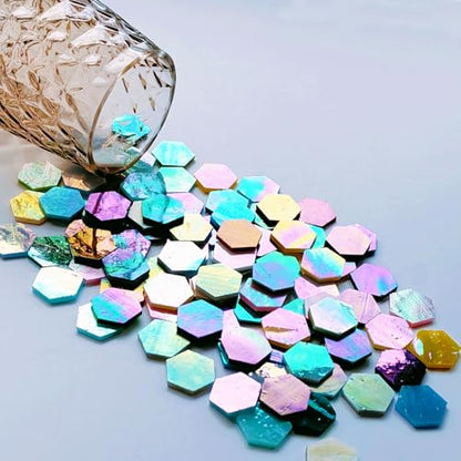 100 pcs Hexagon Iridescence Stained Glass Pieces Mosaics Tiles for Crafts Bulk (100 Count)