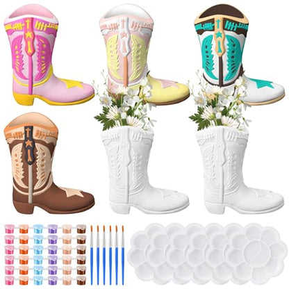 6 Set Cowboy Boot Vase Ceramics to Paint Ready to Paint Your Own Ceramic Cowgirl Hat Vase DIY Unpainted Plaster Paintable Kit Crafts with Brush Palette for Adults (6 Count)