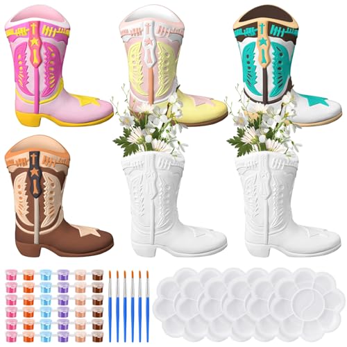 6 Set Cowboy Boot Vase Ceramics to Paint Ready to Paint Your Own Ceramic Cowgirl Hat Vase DIY Unpainted Plaster Paintable Kit Crafts with Brush Palette for Adults (6 Count)