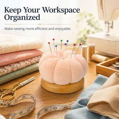 Wooden Base Pin Cushion for Sewing with 100 Plastic Head Pins