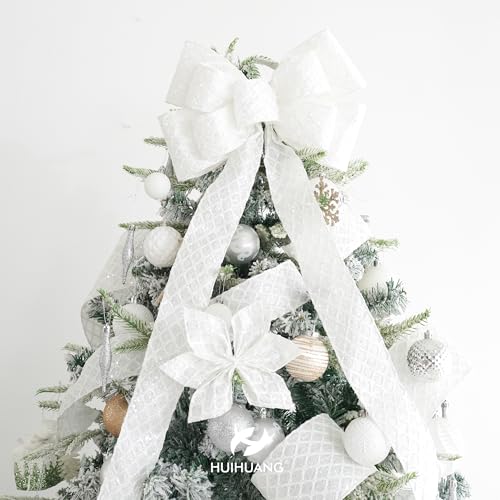 Glitter White Christmas Wired Ribbon 4 inch x 10 Yards (30 Foot)