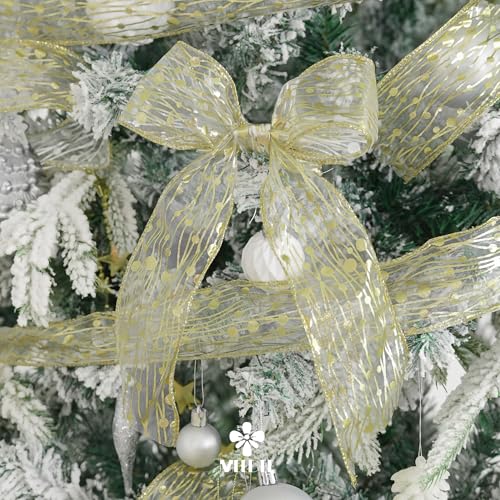 Gold Wired Ribbon 2.5 Inch Sheer Wired Christmas Ribbon with Horizontal Stripes and Polka Dots Christmas Ribbons Organza Wire 25 Yards Organza Sheer Ribbons for Gift Wrapping (75 Foot)