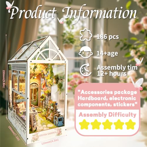 LED Garden Book Nook Kit DIY Miniature Dollhouse 3D Puzzle Wooden Bookshelf Room Decoration