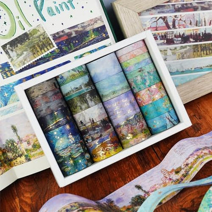 Landscape Washi Tape Set in Oil Painting Style 24 Rolls Scenery Drawing Masking Graphic Decorative Tapes for Arts (24 Count)