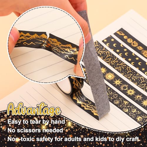 12 Rolls Gold Foil Galaxy Washi Tape Black Gold Sun Moon Star Masking Tape Set Decorative Wrapping Paper Tapes for Scrapbook Journal DIY Art Crafts (12 Count)