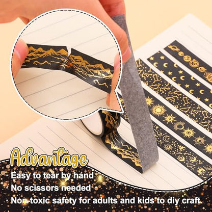 12 Rolls Gold Foil Galaxy Washi Tape Black Gold Sun Moon Star Masking Tape Set Decorative Wrapping Paper Tapes for Scrapbook Journal DIY Art Crafts (12 Count)