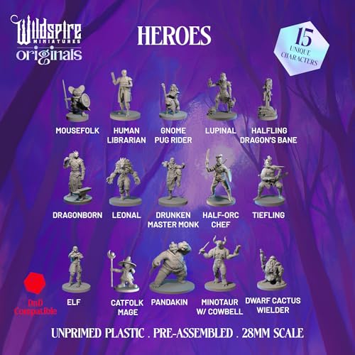 Hero, Player-Character, NPC DND Miniatures, 28mm32mm Unpainted D&D Minis Dungeons & Dragons Figures D D Bulk Pathfinder Fantasy Tabletop Fantasy Minis Set (15 Count)