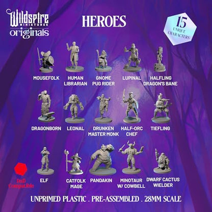 Hero, Player-Character, NPC DND Miniatures, 28mm32mm Unpainted D&D Minis Dungeons & Dragons Figures D D Bulk Pathfinder Fantasy Tabletop Fantasy Minis Set (15 Count)