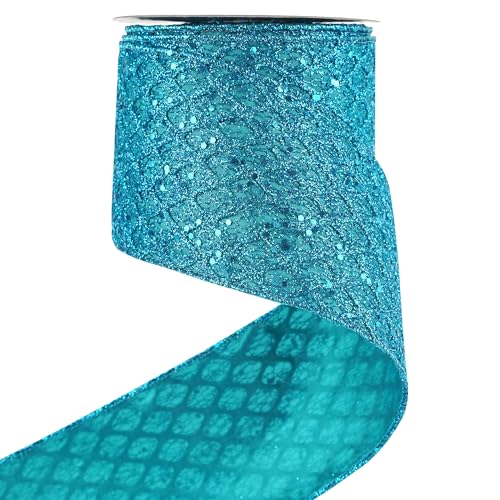 Turquoise Glitter Wired Christams Ribbon 4 inch x 10 Yards (30 Foot)
