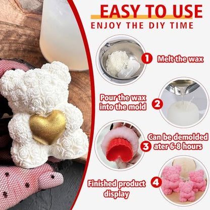 2 Pack Mini 3D Rose Bear Silicone Molds for Candle Resin Chocolate DIY