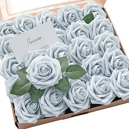 Artificial Flowers 25pcs Real Looking Powder Blue Foam Fake Roses with Stems for DIY Wedding Bouquets Bridal Shower Centerpieces Floral Arrangements Party Tables Home Decorations (25 Count)