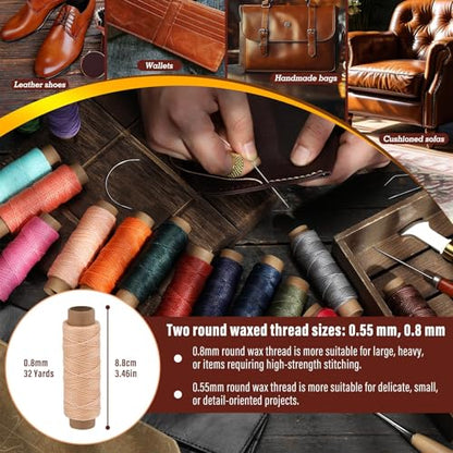 Waxed Thread 0.8mm 32 Yard Leather Thread for Hand Sewing 16 Colors (98 Foot)