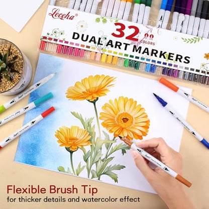 Dual Tip Art Markers for Adult Coloring 32 Colored Pens (32 Count)