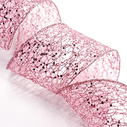 Sparkling Glitter Mesh Wired Ribbon 2.5" x 10 Yards Rose Gold for Christmas Home Decor Bow Gift Wrapping DIY Crafts Wreath (30 Foot)