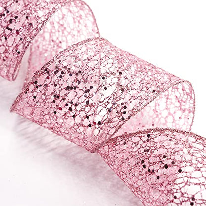 Sparkling Glitter Mesh Wired Ribbon 2.5" x 10 Yards Rose Gold for Christmas Home Decor Bow Gift Wrapping DIY Crafts Wreath (30 Foot)