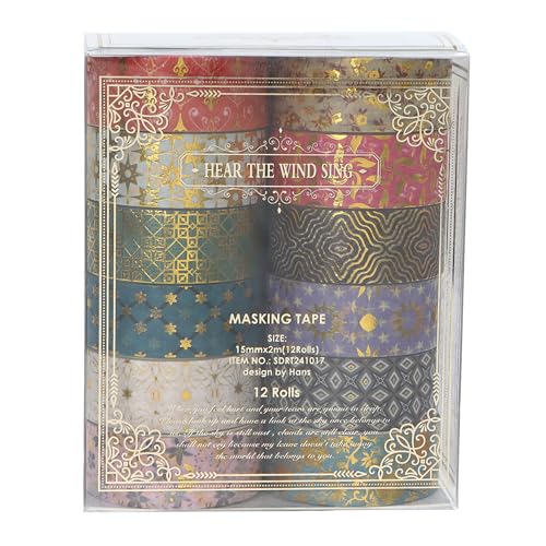 12 Rolls Charming Washi Tape Set Gold Silver Foil Detailing Arts Adhesive Tapes Basic Patterns Decorative Masking Tape Sets for Craft (12 Count)