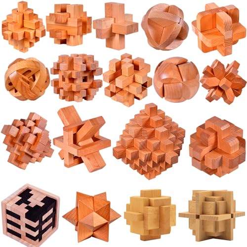 18 Pack Large Wooden Brain Teaser Puzzles Wooden Burr Puzzles Brain Teaser Puzzle with Gift Packing Box Magic Puzzle Games Toys Stocking Stuffers Party Favors for Kids and Adults (18 Count)