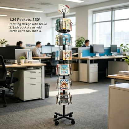 Black Greeting Card Display Rack Rotating Flyer Stand 24 Pocket