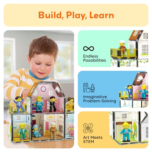 Magnet Tile Building Block Family Homestead Doll House Theme Playset 8 Character Action Figures Double Sided Magnetic Tiles Printing STEM Education Learning Kit Toy Set Kids Ages 3+ PTQ06 (5 Count)