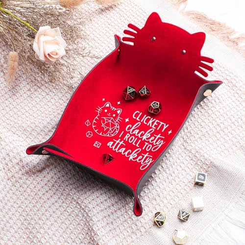 Red Cats Dice Tray Novelty Cat PU Leather Rolling Dice Tray Portable Dice Holder Cute Cat Desk Organizer Funny Gift for RPG