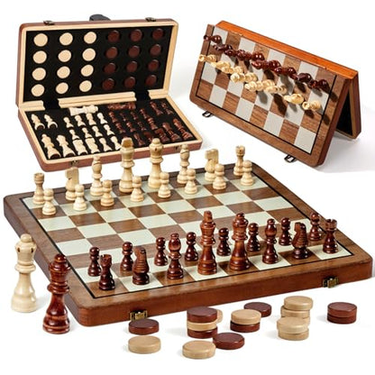 2 in 1 Magnetic Wooden Chess & Checkers Set