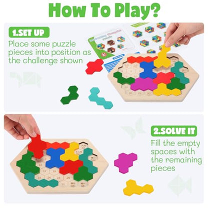 3 Pack Large Wooden Blocks Puzzles Hexagon Tangram Puzzle Wooden Russian Brain Puzzles for Adult Challenge Teasers Geometric Jigsaw Logic Iq STEM Educational Gift Graduation (3 Count)