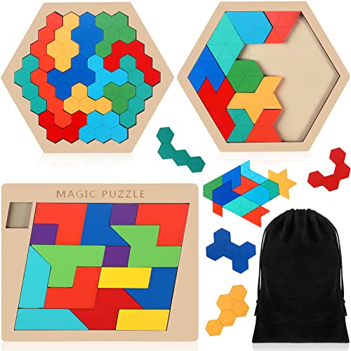 3 Pack Large Wooden Blocks Puzzles Hexagon Tangram Puzzle Wooden Russian Brain Puzzles for Adult Challenge Teasers Geometric Jigsaw Logic Iq STEM Educational Gift Graduation (3 Count)