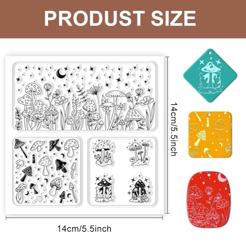 Polymer Clay Texture Sheet Mushrooms Silicone Texture Stamp Stars Flowers Clay Texture Mat Modeling Pattern Pad Polymer Clay Tools for Jewelry Earring Making DIY Craft
