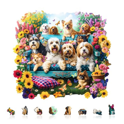 Dogs Puzzles Colorful Flowers Spring Garden Scene Sunflowers Puzzle Adults Gifts for Women Men Wooden 275 Pieces 13.4 * 12.2in