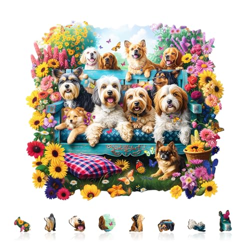 Dogs Puzzles Colorful Flowers Spring Garden Scene Sunflowers Puzzle Adults Gifts for Women Men Wooden 100 Pieces 8.5 * 7.7in