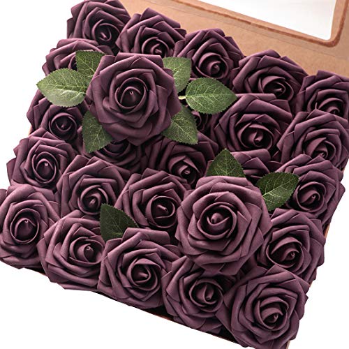 Artificial Flowers 25pcs Real Looking Plum Foam Fake Roses with Stems for DIY Wedding Bouquets Bridal Shower Centerpieces Floral Arrangements Party Home Decorations (25 Count)