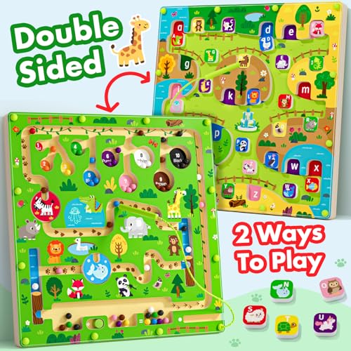 2 in 1 Magnetic Color and Number Maze Magnet Alphabet Counting Double Sided Board Wood Puzzle Fine Motor Skills Montessori Preschool Toys Gifts for Boys and Girls 3