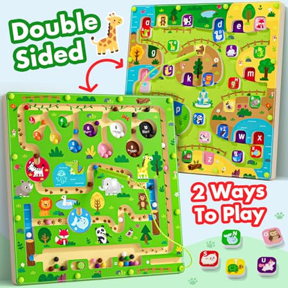 2 in 1 Magnetic Color and Number Maze Magnet Alphabet Counting Double Sided Board Wood Puzzle Fine Motor Skills Montessori Preschool Toys Gifts for Boys and Girls 3