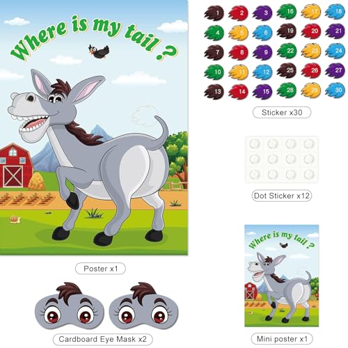 Pin The Tail on The Donkey Game with 30 Tail Stickers for Birthday Party Carnival Circus Supplies