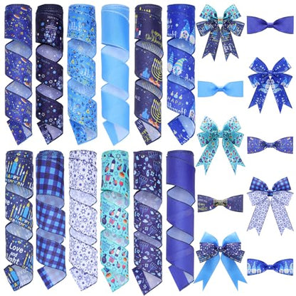 12 Rolls 60 Yard Hanukkah Wired Ribbon for Wreath Craft Bow (12 Count)