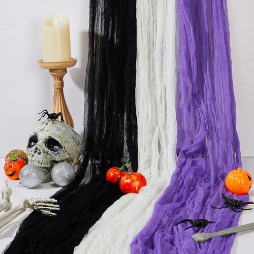 Halloween Cheese cloth 84.65 x 590.55 Inch White Black and Purple Cheesecloth Roll for Crafts Large Cotton Muslin Gauze Fabric for Halloween Outdoor & Indoor Spooky Decoration