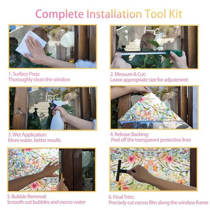 Stained Glass Window Film Rainbow Floral Static Cling Window Film Flower Window Privacy Film No Glue Decorative Window Cling UV Blocking Heat Control Glass Windows Stickers